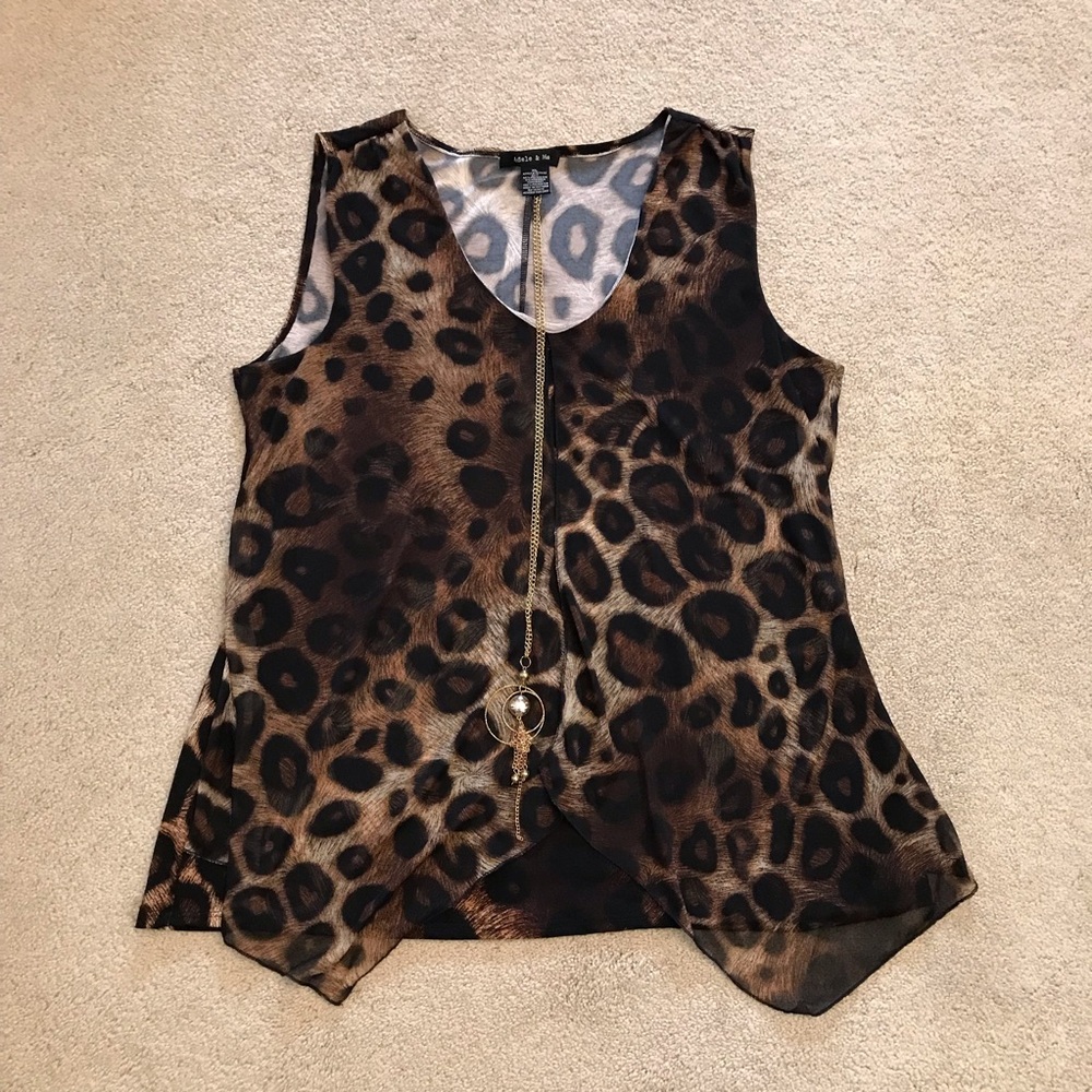 Adele May Animal Print Tank Top Size XL Brown Black Includes Necklace Career